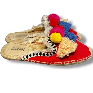 Soludos Pommel Frayed Edge Pom Pom Espadrille Mules Red Size 7 EUC